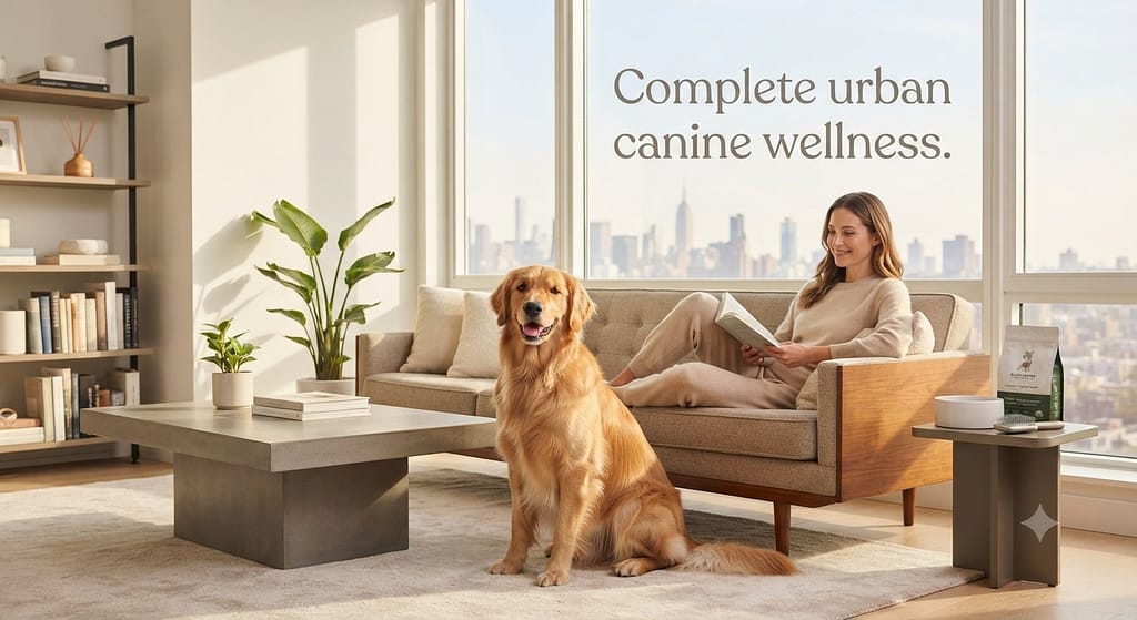 Aspirational hero photo Healthy, happy dog in clean apartment, owner relaxed. Text: "Complete urban canine wellness."