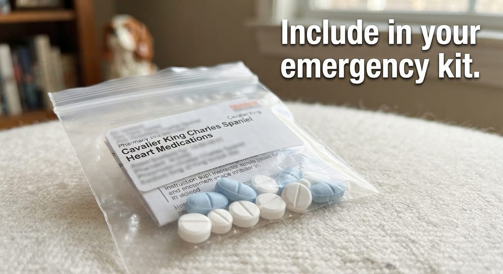 Cavalier meds photo Heart medications in baggie. Text: "Include in your emergency kit."