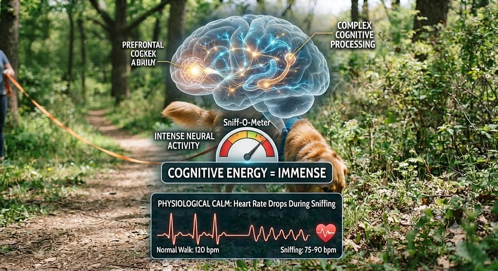 Sniffing brain graphic Heart rate dropping during sniffing. Text: "Cognitive energy = immense."
