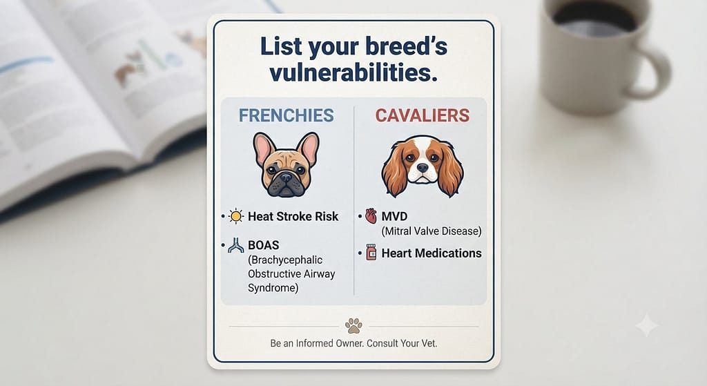 Breed card mockup Frenchies: Heat stroke, BOAS / Cavaliers: MVD, meds. Text: "List your breed's vulnerabilities."