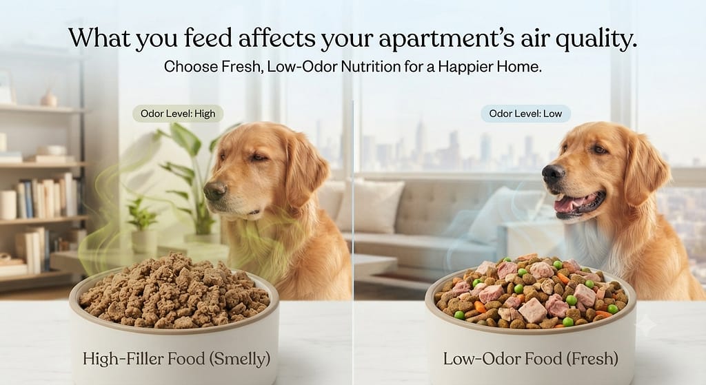 Low-odor food comparison High-filler food (smelly) vs Low-odor food (fresh). Text: "What you feed affects your apartment's air quality."