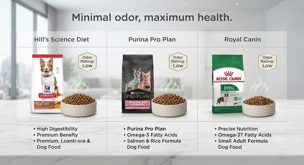 Food product grid Hill's Science Diet, Purina Pro Plan, Royal Canin. Text: "Minimal odor, maximum health."