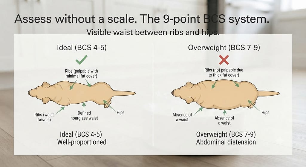 Top view comparison Hourglass waist (✅) vs No waist (❌). Text: "Visible waist between ribs and hips."