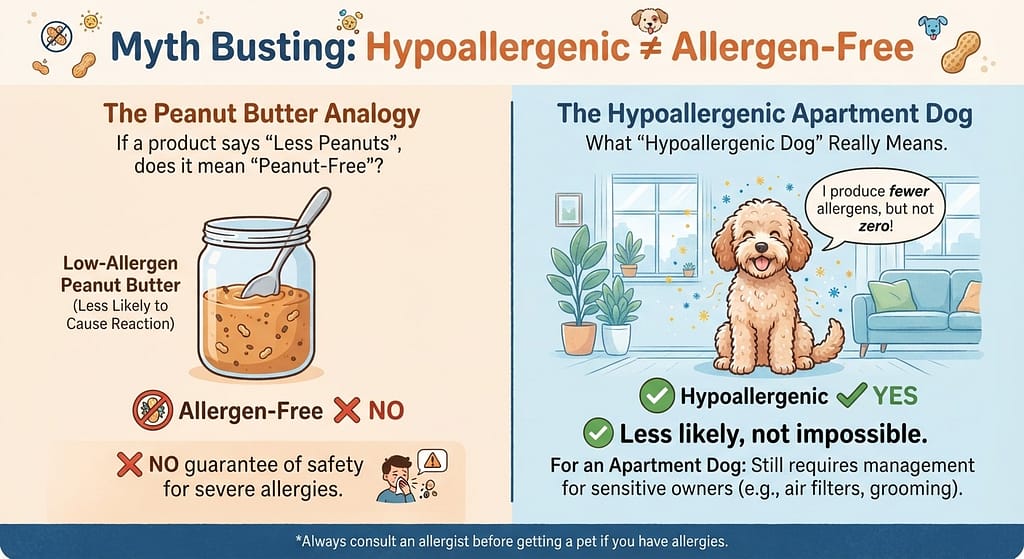 Myth-busting graphic "Hypoallergenic ≠ Allergen-Free" with peanut butter analogy illustration. Text: "Less likely, not impossible."