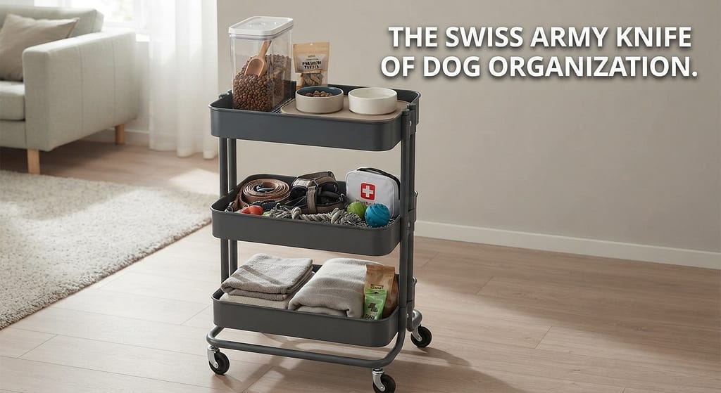 Rolling cart hero photo IKEA RÅSKOG cart with dog food, bowls, treats. Text: "The Swiss Army Knife of dog organization."