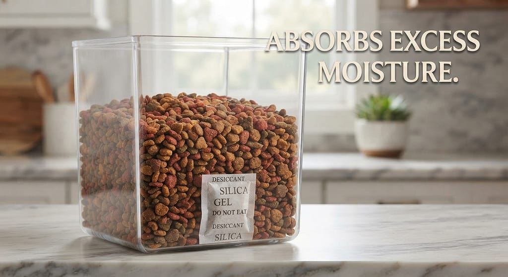 Silica packet photo In bottom of bin. Text: "Absorbs excess moisture."