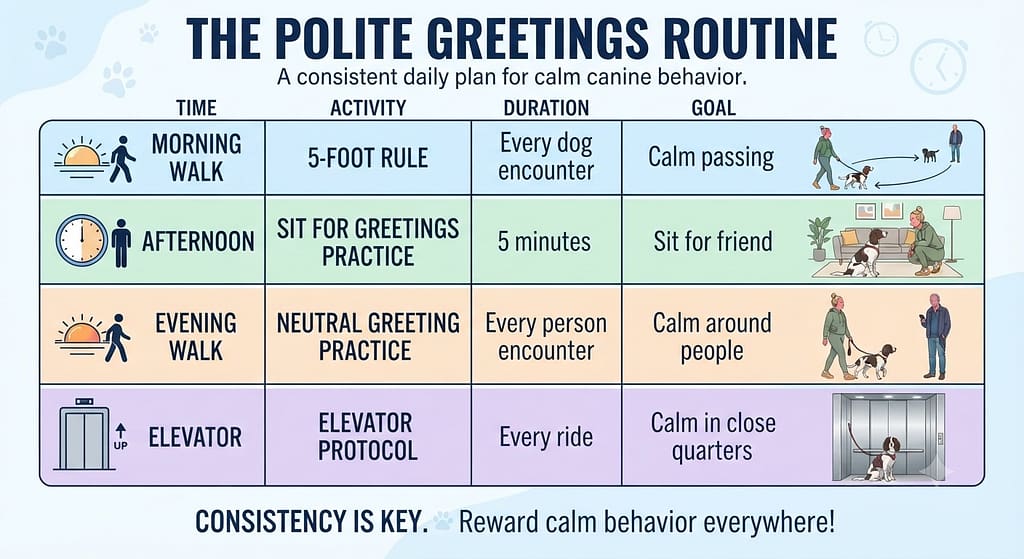 Time
Activity
Duration
Goal
Morning Walk
5-foot rule
Every dog encounter
Calm passing
Afternoon
Sit for greetings practice
5 minutes
Sit for friend
Evening Walk
Neutral greeting practice
Every person encounter
Calm around people
Elevator
Elevator protocol
Every ride
Calm in close quarters