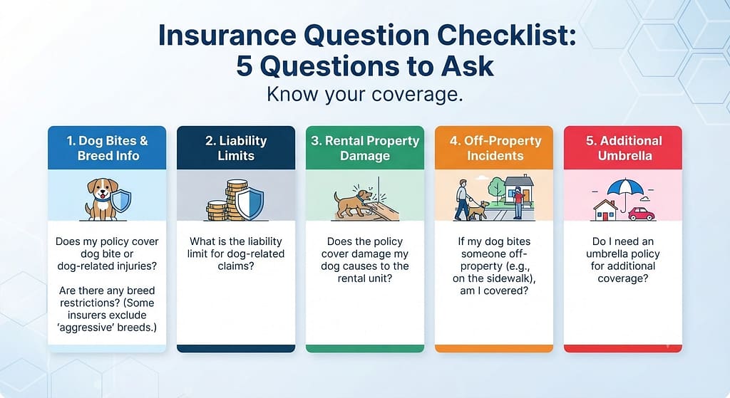 Are there any breed restrictions? (Some insurers exclude "aggressive" breeds.)
What is the liability limit for dog-related claims?
Does the policy cover damage my dog causes to the rental unit?
If my dog bites someone off-property (e.g., on the sidewalk), am I covered?
Do I need an umbrella policy for additional coverage?