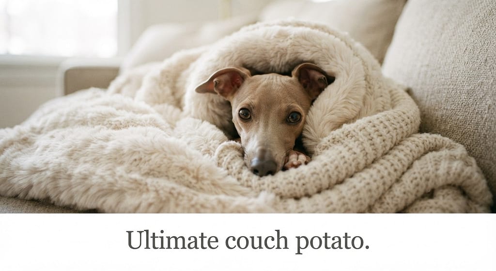 Iggy under blanket photo Italian Greyhound burrowed under soft blanket. Text: "Ultimate couch potato."