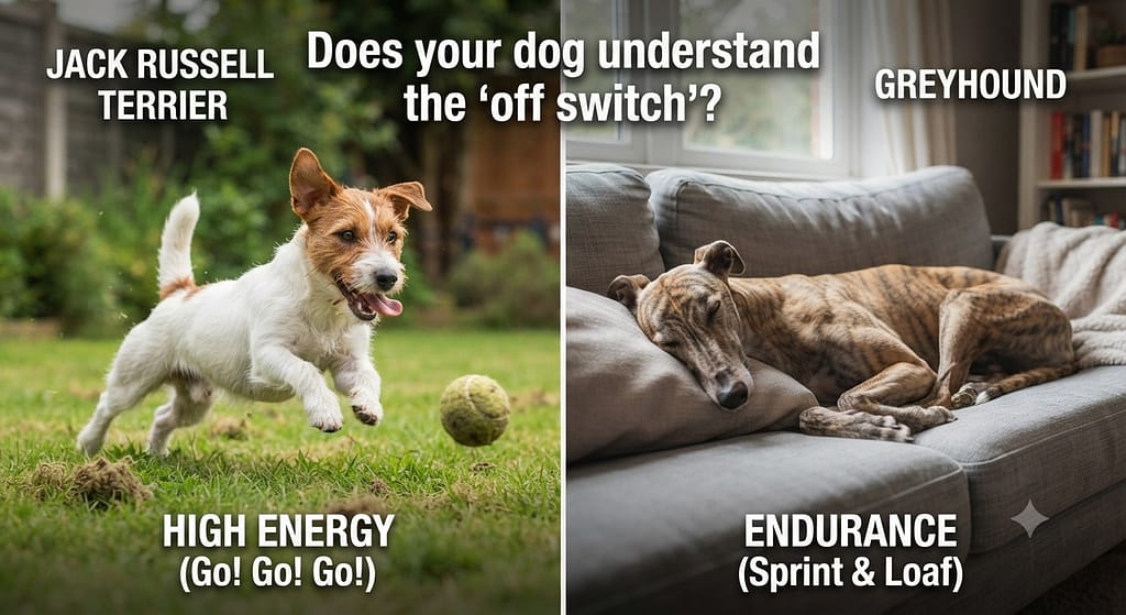 Energy vs endurance comparison Jack Russell (high energy) vs Greyhound (sprint & loaf). Text: "Does your dog understand the 'off switch'?"