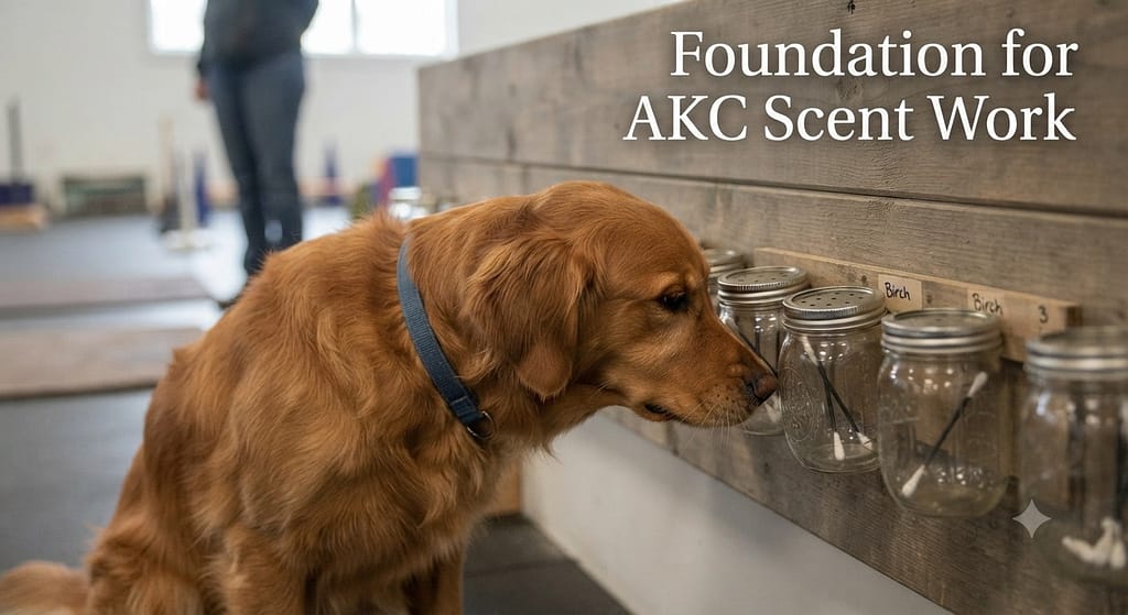 Scent jar photo Jars with holes, dog sniffing. Text: "Foundation for AKC Scent Work."