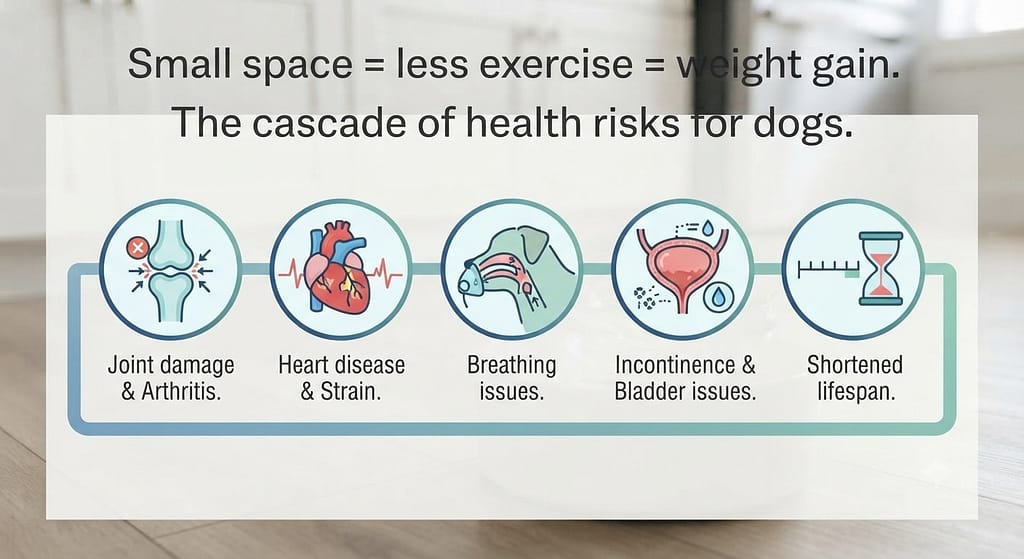 Health risk icons Joint damage / Heart disease / Breathing issues / Incontinence / Shortened lifespan. Text: "Small space = less exercise = weight gain."
