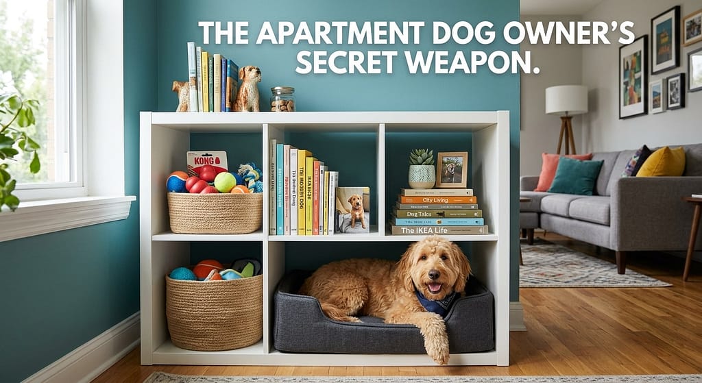 IKEA hack hero photo Kallax unit with dog bed in bottom cubby, toys/books on top. Text: "The apartment dog owner's secret weapon."