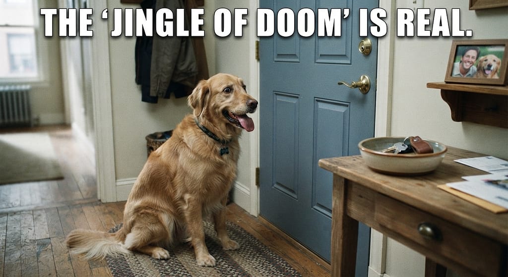 Relatable "anxious dog at door" photo Keys in bowl, dog with wide eyes, tucked tail, panting. Text: "The 'Jingle of Doom' is real."