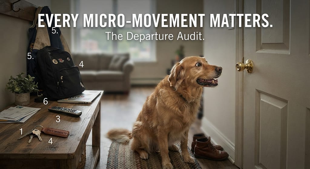 Trigger audit collage Keys, jacket, shoes, bag, TV remote, laptop, door handle. Text: "Every micro-movement matters."