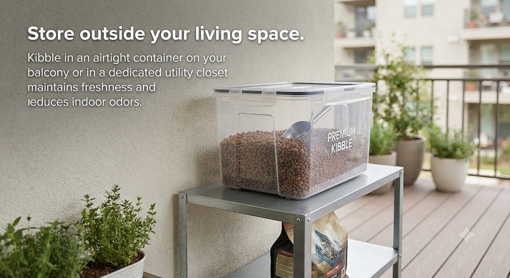 Airtight container photo Kibble in airtight container on balcony/closet. Text: "Store outside your living space."