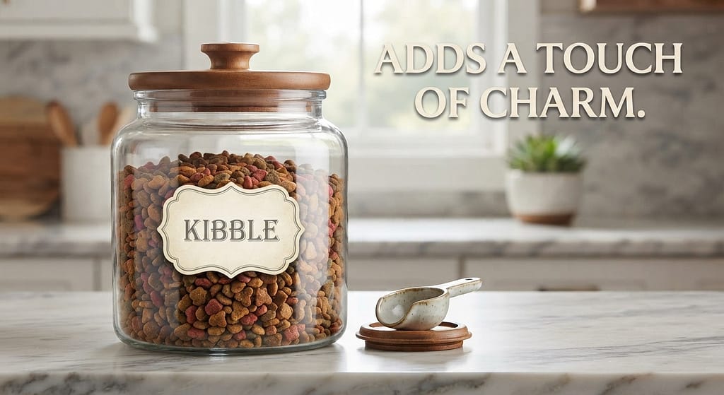 Labeled jar photo "Kibble" label on jar. Text: "Adds a touch of charm."