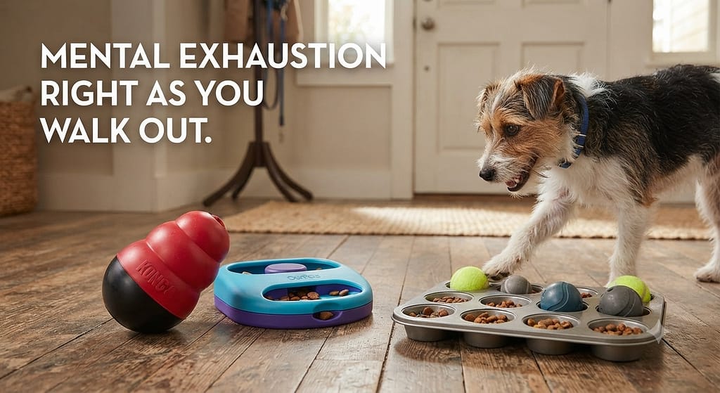 Puzzle toy breakfast photo Kong Wobbler, Snoop, DIY muffin tin. Text: "Mental exhaustion right as you walk out."