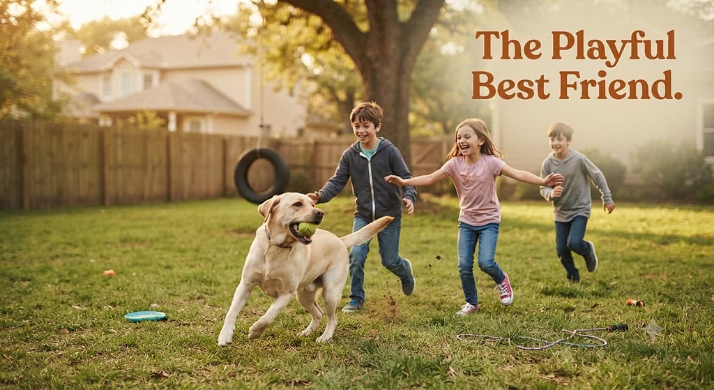 Lab with kids hero photo Lab playing with school-aged children. Text: "The Playful Best Friend."