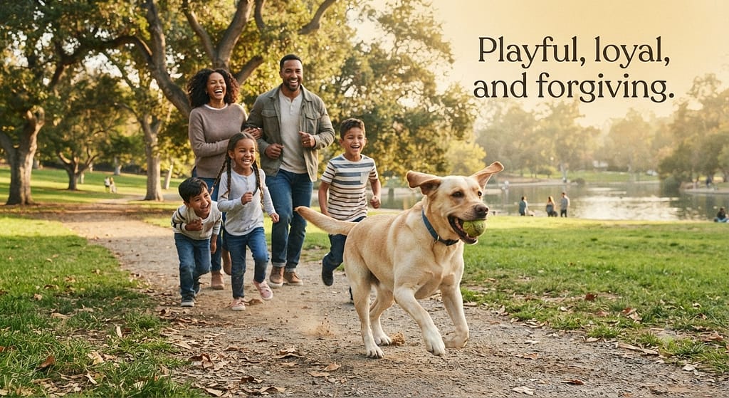 Lab family action photo Lab with family at park. Text: "Playful, loyal, and forgiving."