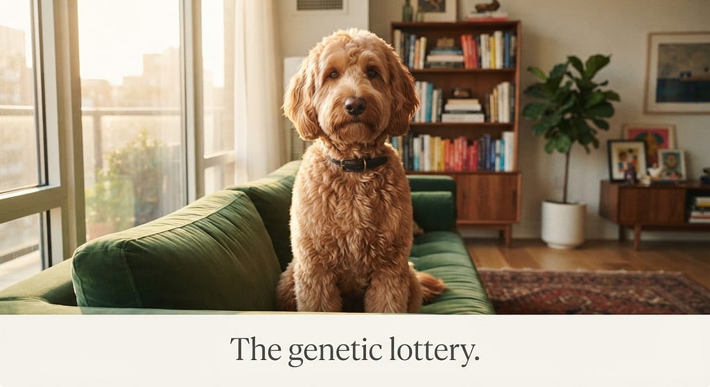 Doodle hero photo Labradoodle or Goldendoodle in apartment. Text: "The genetic lottery."