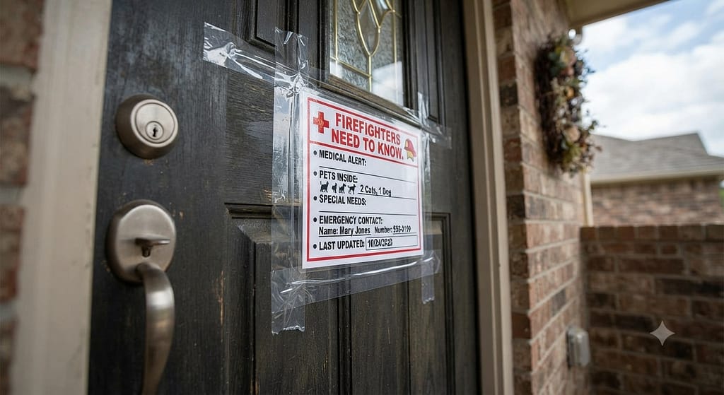 Emergency contact card on door photo Laminated card taped to front door. Text: "Firefighters need to know."
