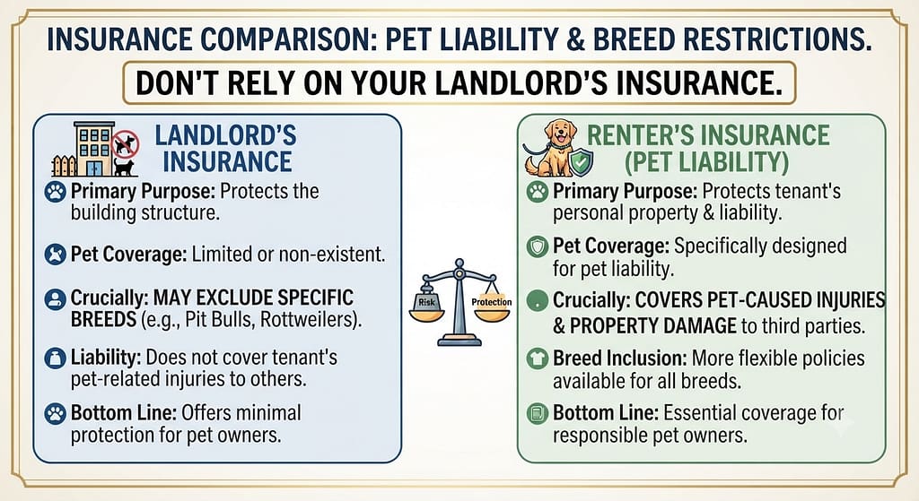 Insurance comparison Landlord's insurance (may exclude breeds) vs Renter's insurance (pet liability). Text: "Don't rely on your landlord's insurance."