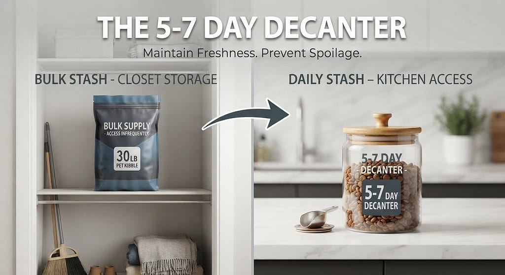 Split stash diagram Large bag in closet + small jar in kitchen. Text: "The 5-7 day decanter."