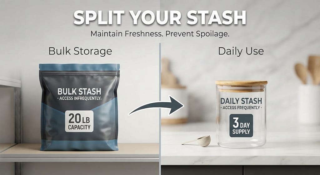 Split stash graphic Large bulk bag + small daily container. Text: "Split your stash."