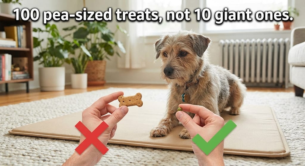 Pea-sized treat comparison Large treat (❌) vs Pea-sized treat (✅). Text: "100 pea-sized treats, not 10 giant ones."