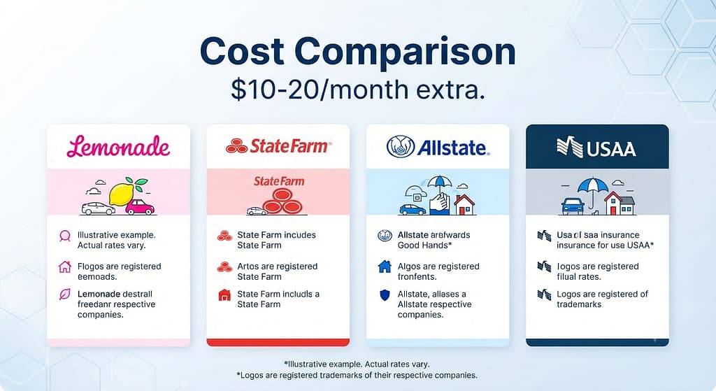 Insurance provider logos Lemonade, State Farm, Allstate, USAA. Text: "$10-20/month extra."