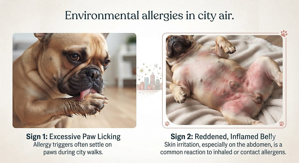 Frenchie allergy signs photo Licking paws, red belly. Text: "Environmental allergies in city air."