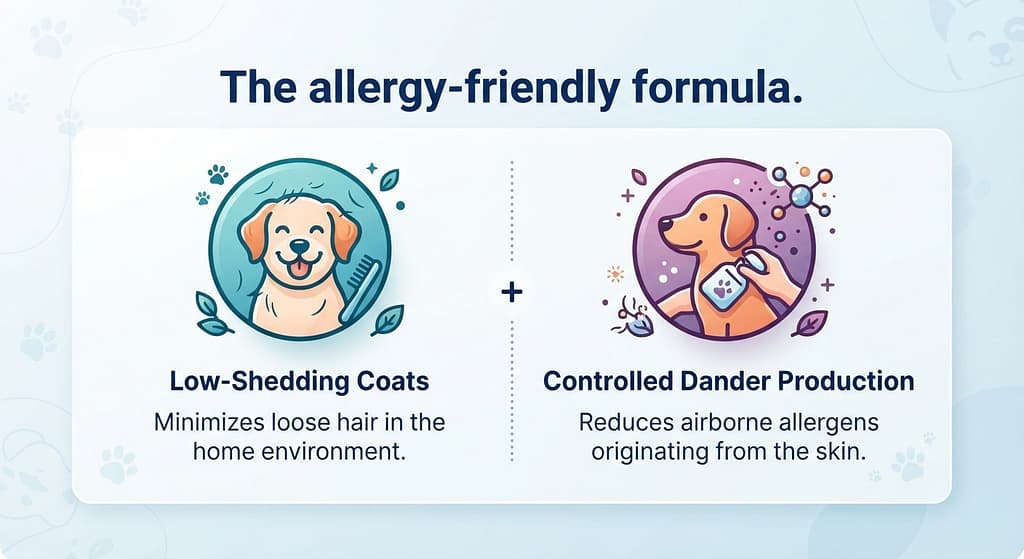 Two-factor infographic Low-Shedding Coats icon + Controlled Dander Production icon. Text: "The allergy-friendly formula."