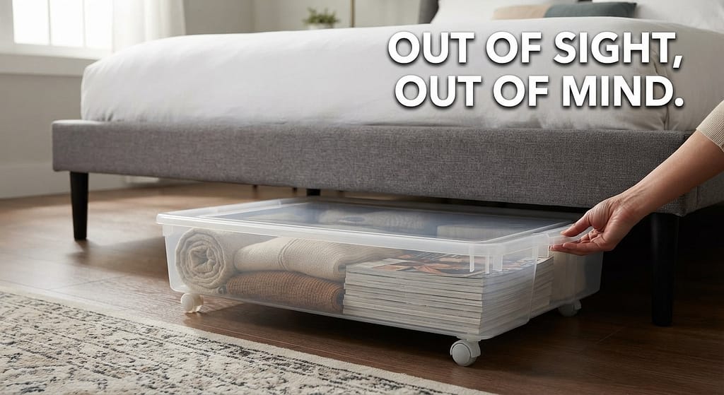 Under-bed rolling bin photo Low-profile bin sliding under bed. Text: "Out of sight, out of mind."