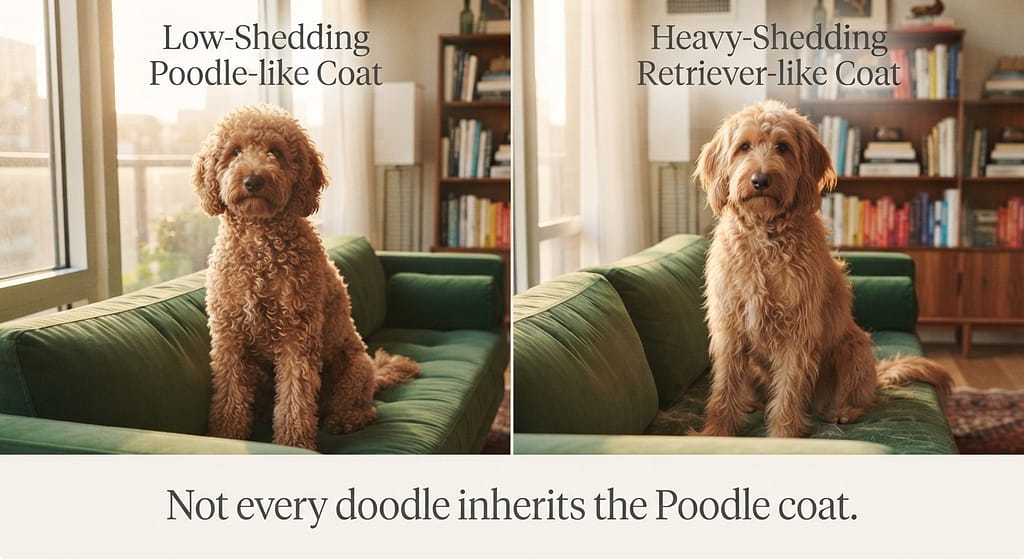 Coat type comparison Low-shedding doodle coat vs. heavy-shedding doodle coat. Text: "Not every doodle inherits the Poodle coat."