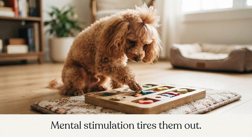 Poodle doing puzzle photo Mini Poodle working on puzzle toy. Text: "Mental stimulation tires them out."