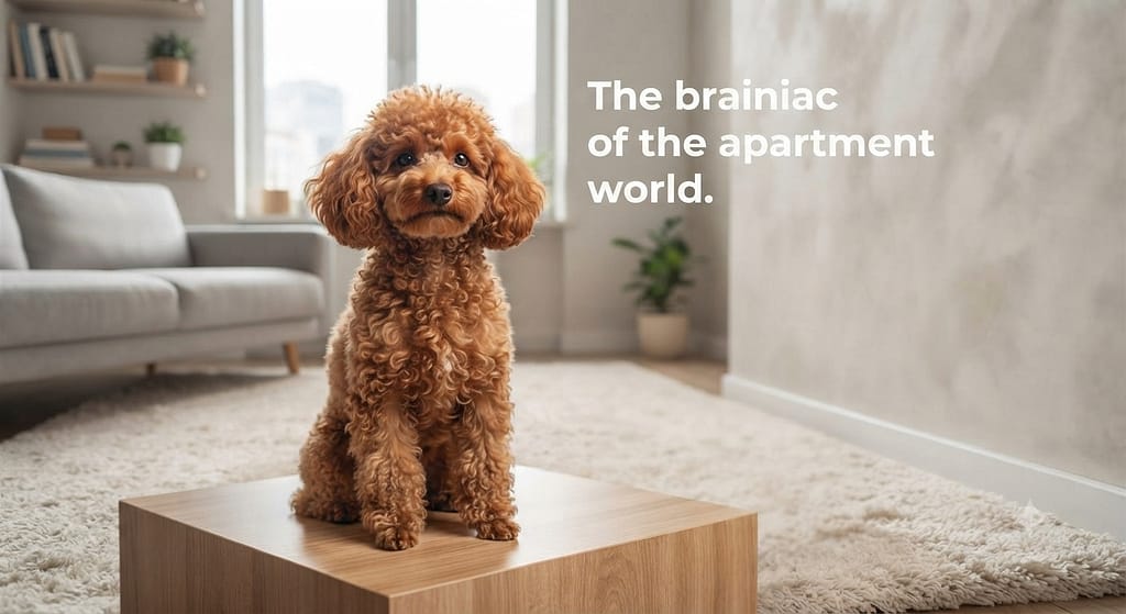 Poodle hero photo Miniature Poodle, alert and curly. Text: "The brainiac of the apartment world."