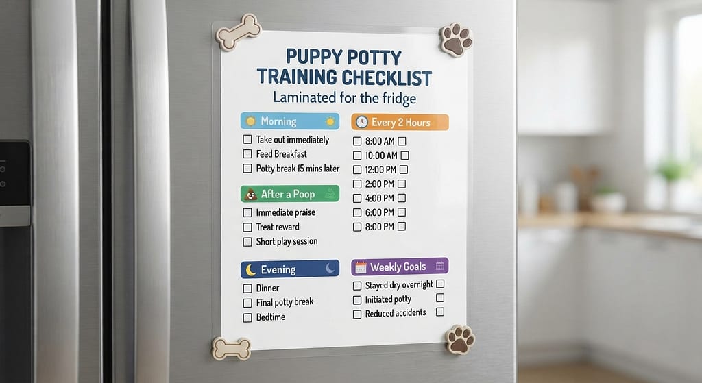 Printable checklist mockup Morning / Every 2 Hours / After a Poop / Evening / Weekly with checkboxes. Text: "Laminated for the fridge."