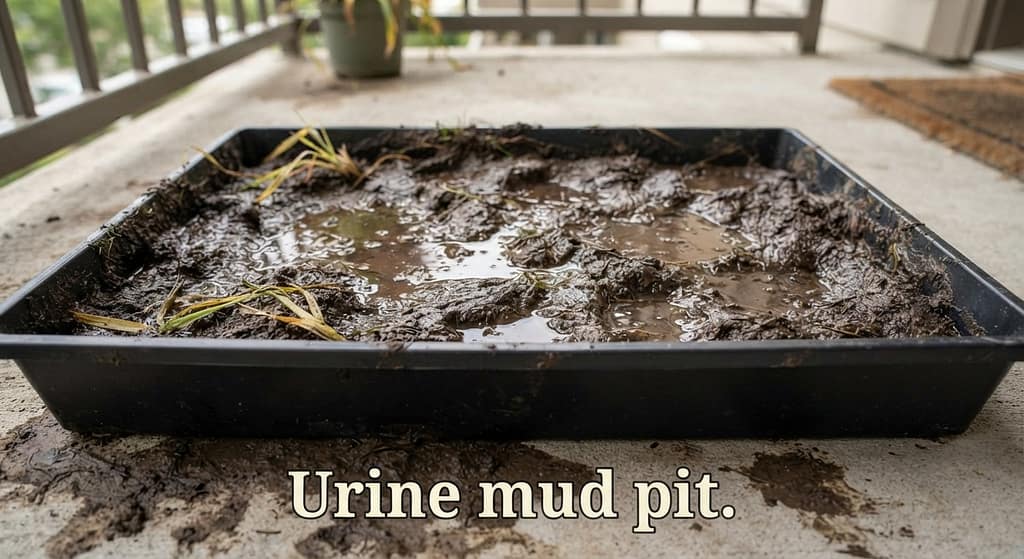 Waterlogged soil photo Muddy, waterlogged soil in tray, no drainage. Text: "Urine mud pit."