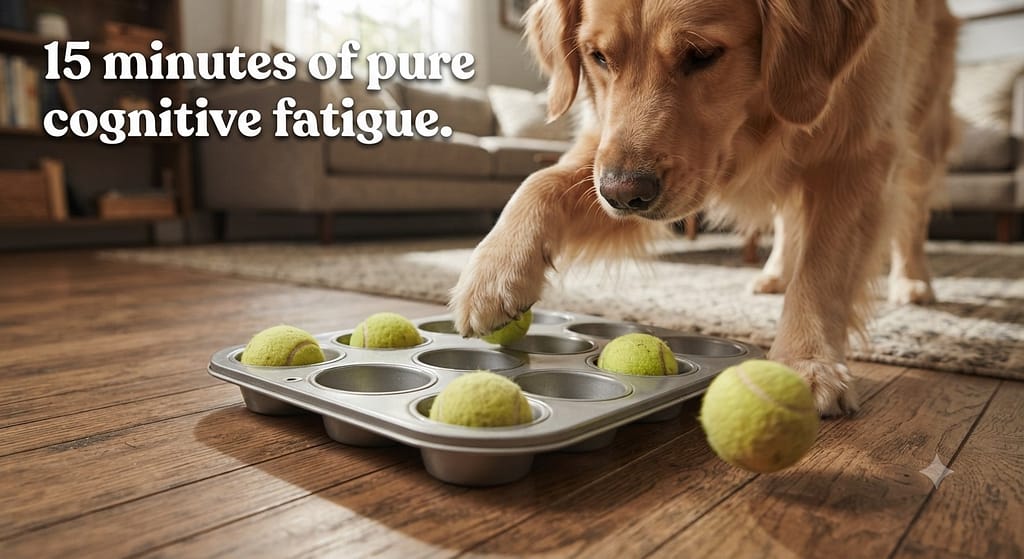 Muffin tin game photo Muffin tin with tennis balls, dog removing them. Text: "15 minutes of pure cognitive fatigue."