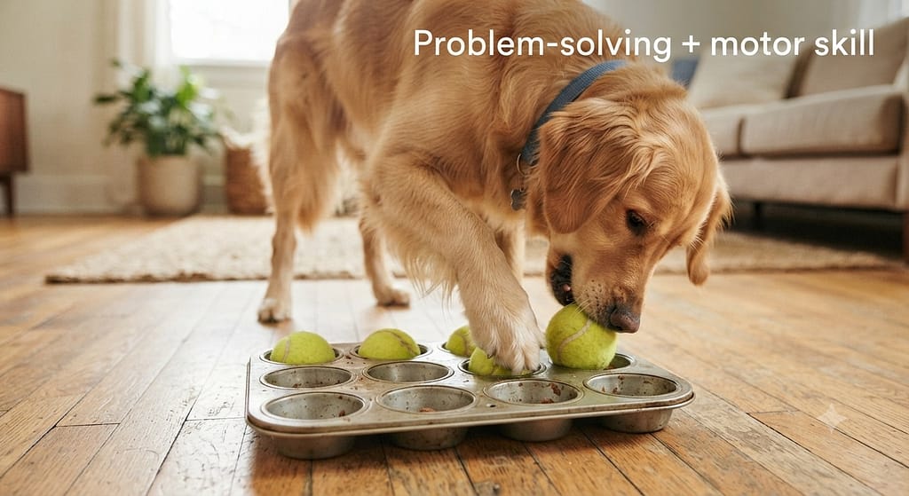 Muffin tin game photo Muffin tin with tennis balls, dog removing them. Text: "Problem-solving + motor skill