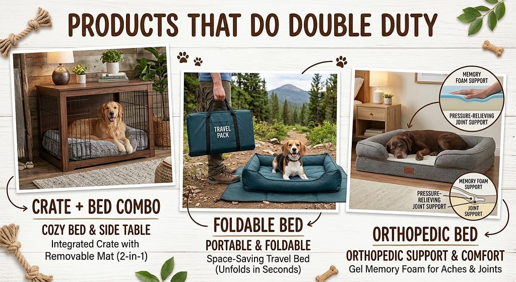 Multi-functional bed collage Crate + bed combo, foldable bed, orthopedic bed. Text: "Products that do double duty."