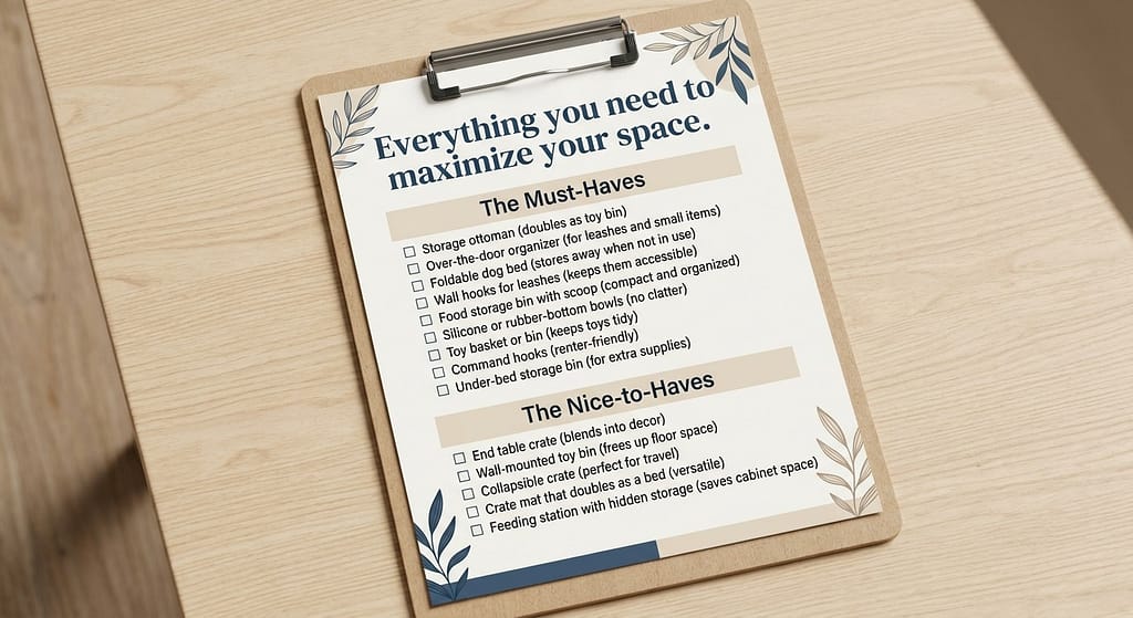 Checklist mockup Must-Haves and Nice-to-Haves sections with checkboxes. Text: "Everything you need to maximize your space."