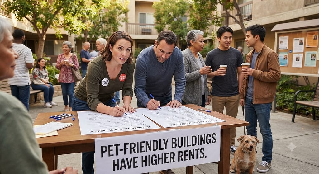 Petition signatures photo Neighbors signing petition. Text: "Pet-friendly buildings have higher rents."