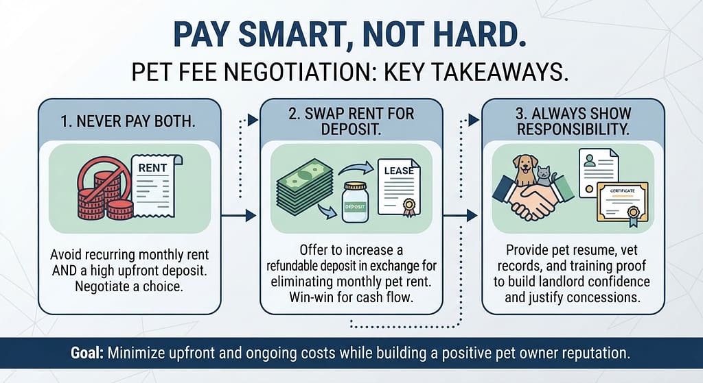 Decision summary graphic Never pay both. Swap rent for deposit. Always show responsibility. Text: "Pay smart, not hard."