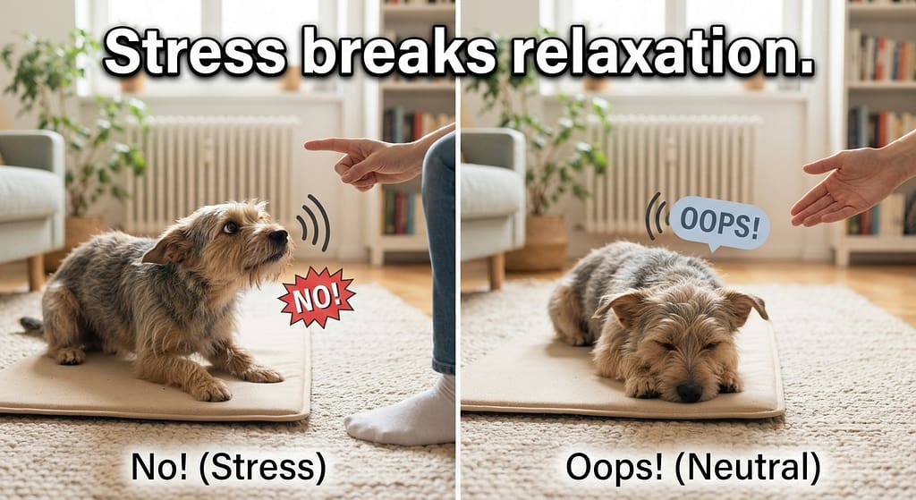"Oops" vs "No" comparison "No" (stress) vs "Oops" (neutral). Text: "Stress breaks relaxation."