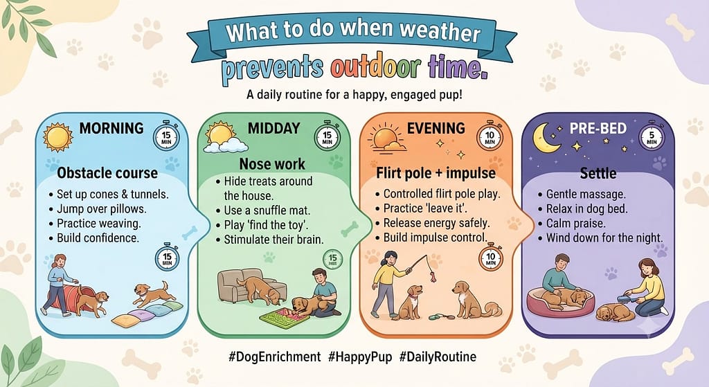 No-walk day graphic Morning: Obstacle course / Midday: Nose work / Evening: Flirt pole + impulse / Pre-bed: Settle. Text: "What to do when weather prevents outdoor time."