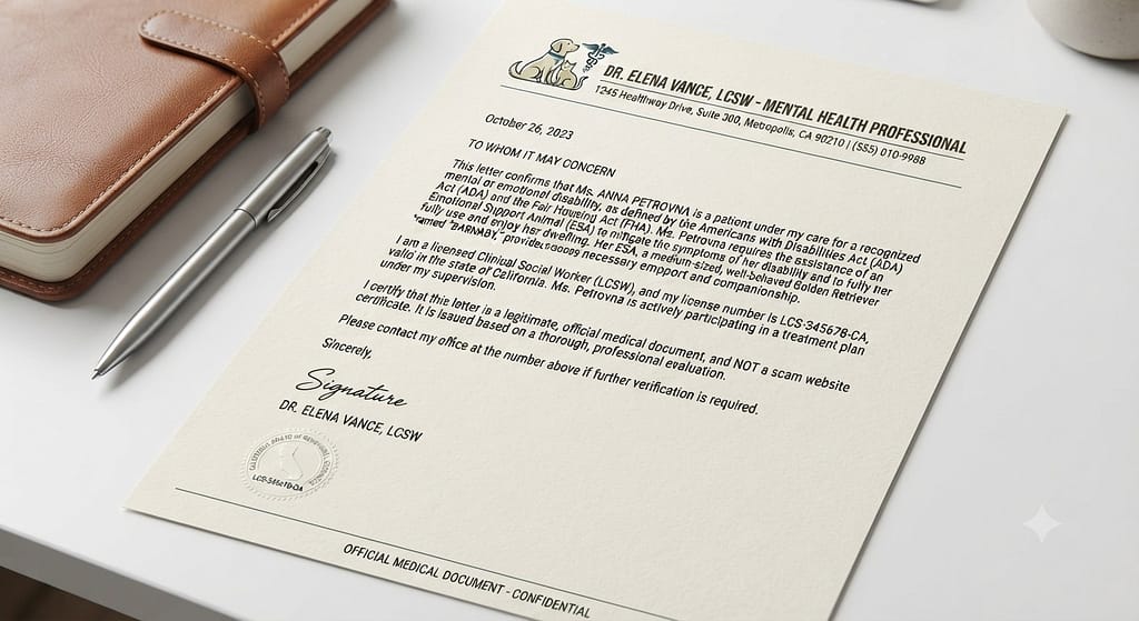 Legitimate ESA letter mockup Official letterhead, license number, signature. Text: "Not a scam website certificate."