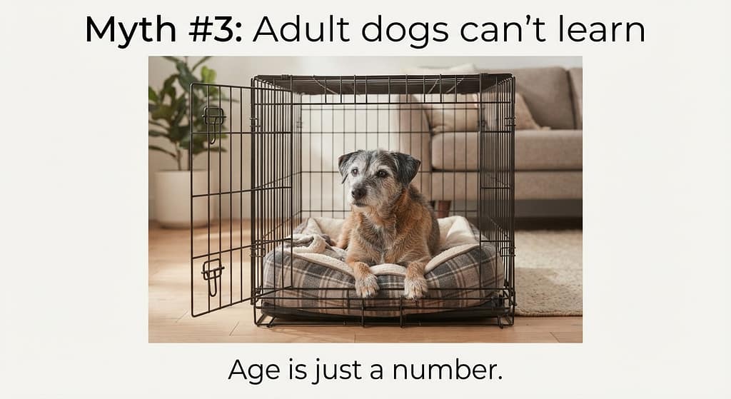 "Myth #3: Adult dogs can't learn" Senior dog in crate photo Older rescue dog calm in crate. Text: "Age is just a number."