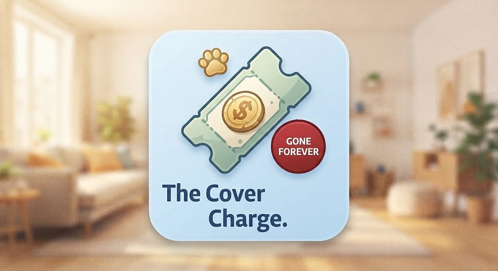 Pet fee icon 🎫 One-time payment with "Gone Forever" badge. Text: "The Cover Charge."